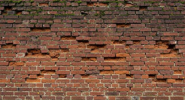 Rustic red brick wall with weathered texture and charming decay for authentic background textures and vintage construction projects photo