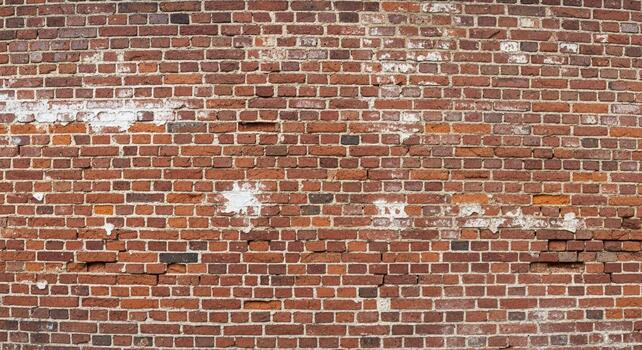 Aged rustic red brick wall surface with weathered white plaster patches showing texture and character photo