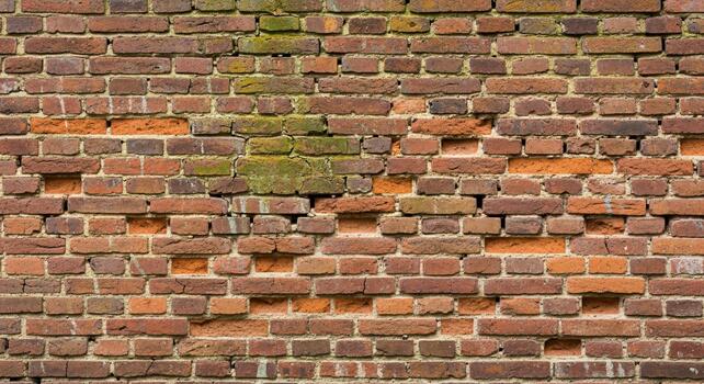Weathered brick wall texture with patches of moss and varying brick tones offers rustic character for background design photo