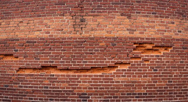Rough textured weathered red brick wall with visible damage and aged patina creating a rustic industrial backdrop photo