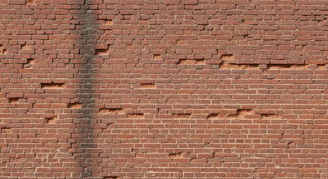 Weathered red brick wall texture with visible damage and dark stain, offering a rustic, aged backdrop for design projects photo