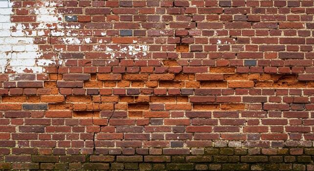 Rustic weathered brick wall texture with peeling white paint and visible structural damage creating a compelling background photo