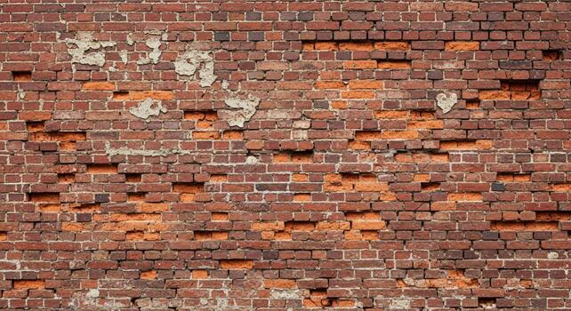 Weathered red brick wall texture with crumbling plaster and missing bricks creates a rustic, aged backdrop for design projects photo