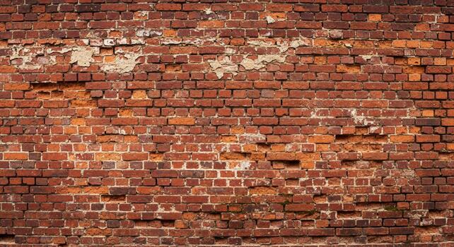 Authentic weathered red brick wall texture background with distressed peeling plaster and visible imperfections for grunge design projects photo