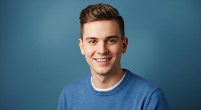 Smiling young man looking directly at the camera with a confident and friendly expression in a studio portrait photo