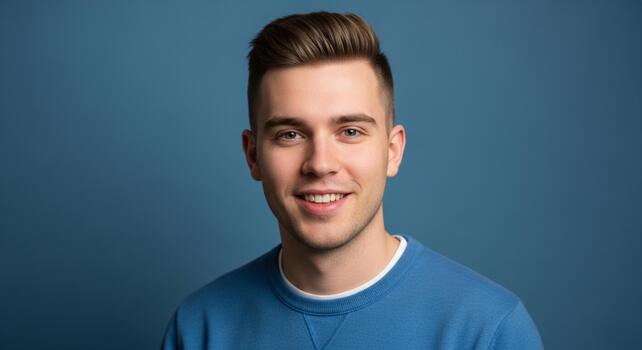 Confident young professional smiling warmly, projecting positivity and approachability in a studio portrait photo