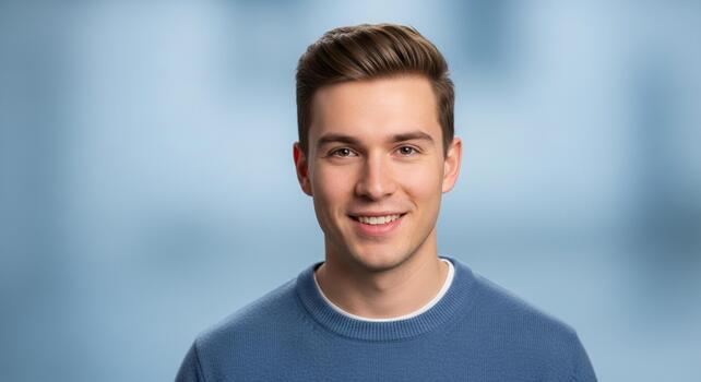 Confident young professional with a bright smile, embodying modern success and approachability in a clean studio setting photo