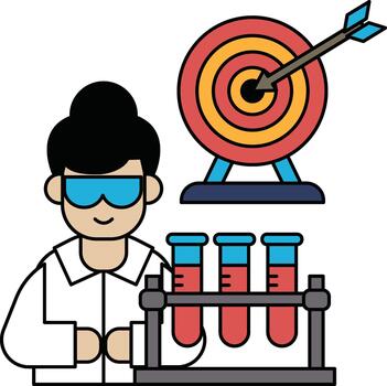 A man in a lab coat holding a beaker with a target in the background vector