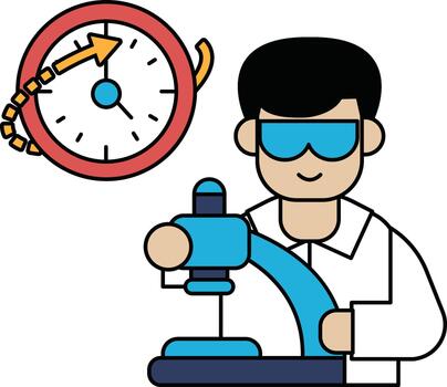 A man in a lab coat is working on a clock vector
