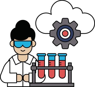 A man in a lab coat is working with a machine that has a gear on it vector