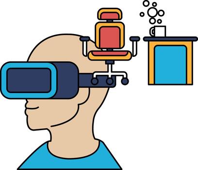 The chair is empty and the desk has a cup and a mouse vector