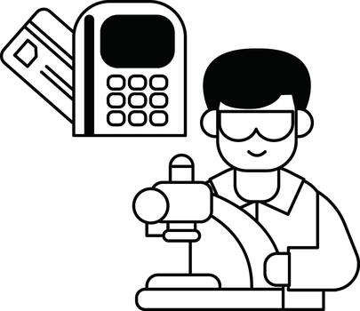un hombre es en pie en frente de un máquina con un sonrisa en su cara vector