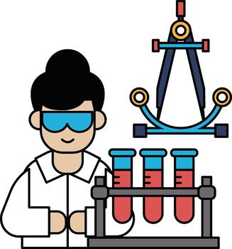 A man in a lab coat is holding a beaker and a ruler vector
