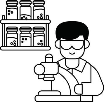 A man in a lab coat is working with a microscope vector