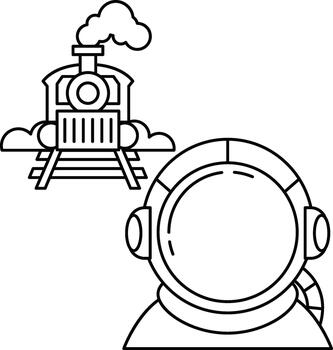 A train is on the tracks and a man in a spacesuit is looking at it vector