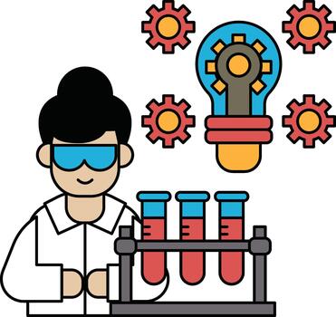A man in a lab coat is working on a project with a light bulb vector