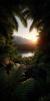 A tropical forest scene with a lake and mountains photo