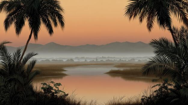 A painting of palm trees and water in the desert photo