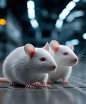 Two white mice are standing in front of a building photo