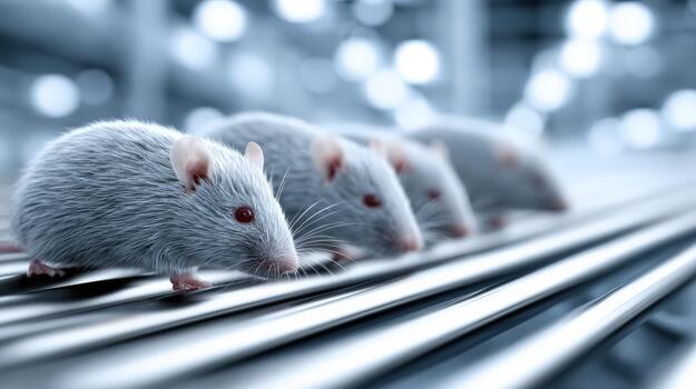 Three mice are standing on a conveyor belt photo