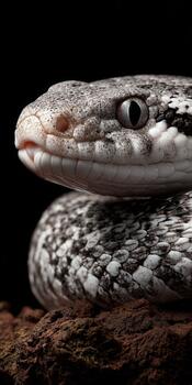 A close up of a snake with a black background photo