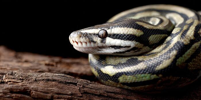 un serpiente con un negro antecedentes y blanco rayas foto
