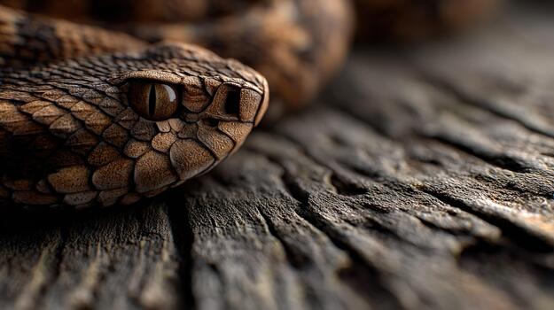 A close up of a snake's head on a wooden surface photo