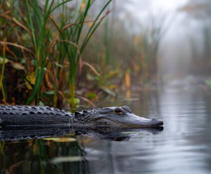 An alligator is floating in the water near some tall grass photo