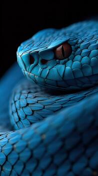 A close up of a blue snake with its head turned to the side photo
