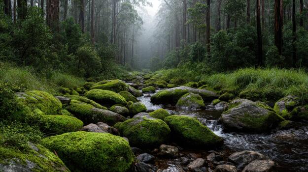 A stream runs through a forest with mossy rocks photo