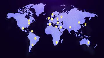 Animated world map with glowing purple pins and soft grain texture. Global network feel for tech, business, data and travel visuals. video