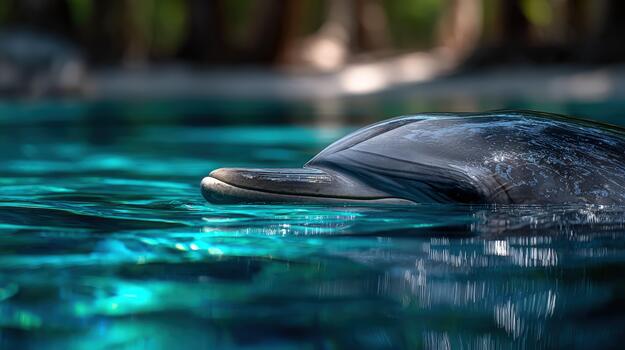 A dolphin swimming in the water with trees in the background photo