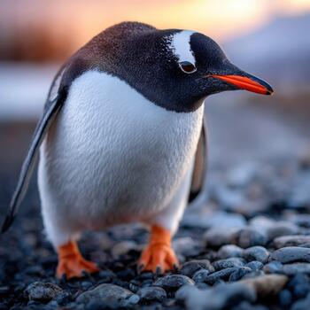 A penguin is standing on the ground with a red beak photo