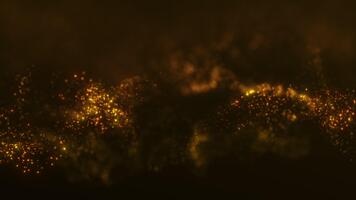looping gyllene partikel strömma med värma lysande pärlar drivande mjukt till skapa en vätska rörelse moln med djup och mjuk bokeh. video