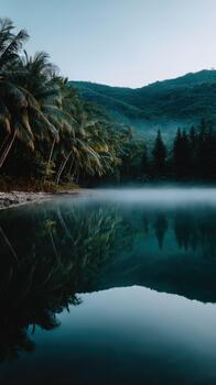 A lake surrounded by palm trees and mountains photo