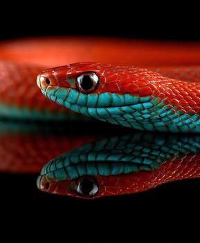 A red and blue snake with its reflection on a black background photo