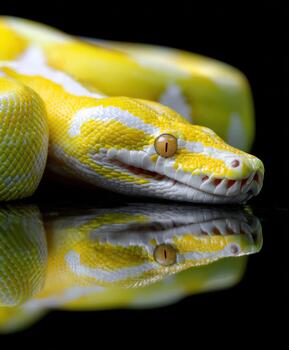 A yellow and white snake with its reflection on a black surface photo