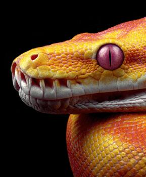A close up of a snake with bright red eyes photo