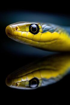 un amarillo y negro serpiente con sus reflexión en un negro antecedentes foto