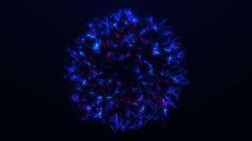 looping blå och röd digital sfär med glittrande partikel strukturera liknar en virus, pulserande med kaotisk lysande rörelse och sci-fi energi. video