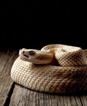 A rattlesnake is curled up on a wooden table photo