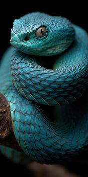 A blue snake with its head on a branch photo