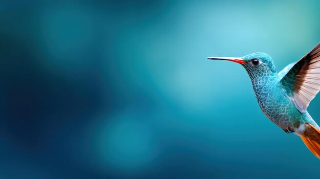 Iridescent hummingbird hovering in bright blue background during daylight photo