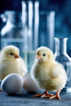 Fluffy chicks explore bio research lab environment with curious expressions photo