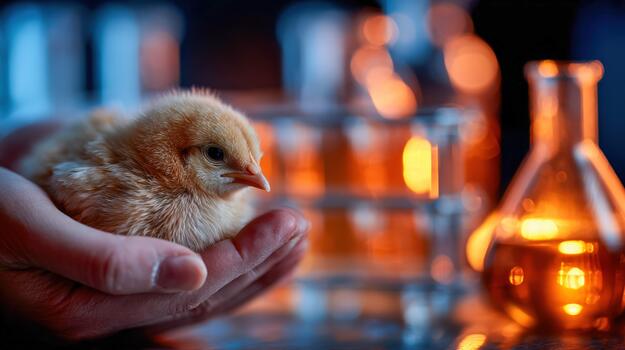 Fluffy chicks in bio research lab for scientific studies and experiments photo