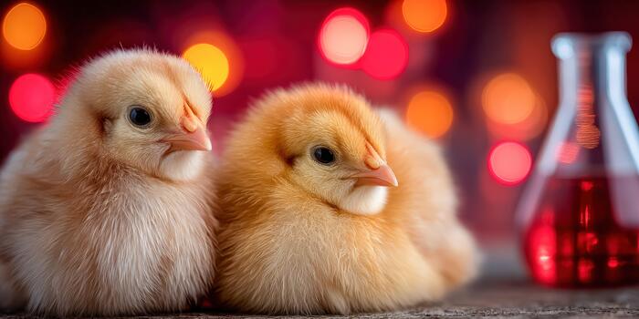 Fluffy chicks in bio research lab environment with bright background photo