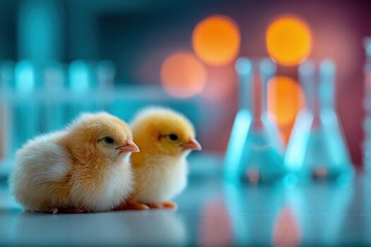 Fluffy chicks explore bio research lab environment while scientists observe photo