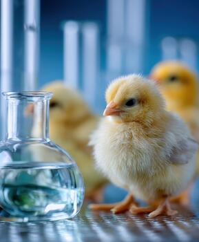 Fluffy chicks exploring a bio research lab during scientific observation photo