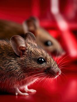 Cute small mice exploring a vibrant red environment softly lit photo