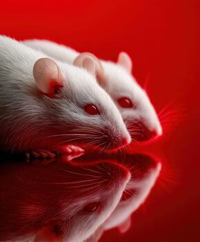 White mice resting on a smooth surface with a red background in soft light photo